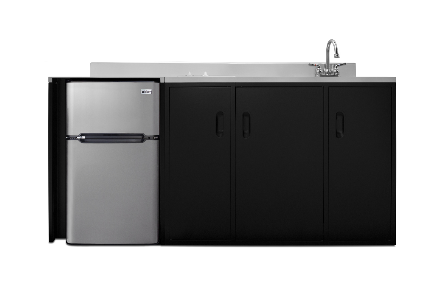 72 inch wide, ADA counter height all-in-one kitchenette in black with a 2-burner 115V smooth top cooktop, 2-door refrigerator-freezer, sink, and three storage cabinets